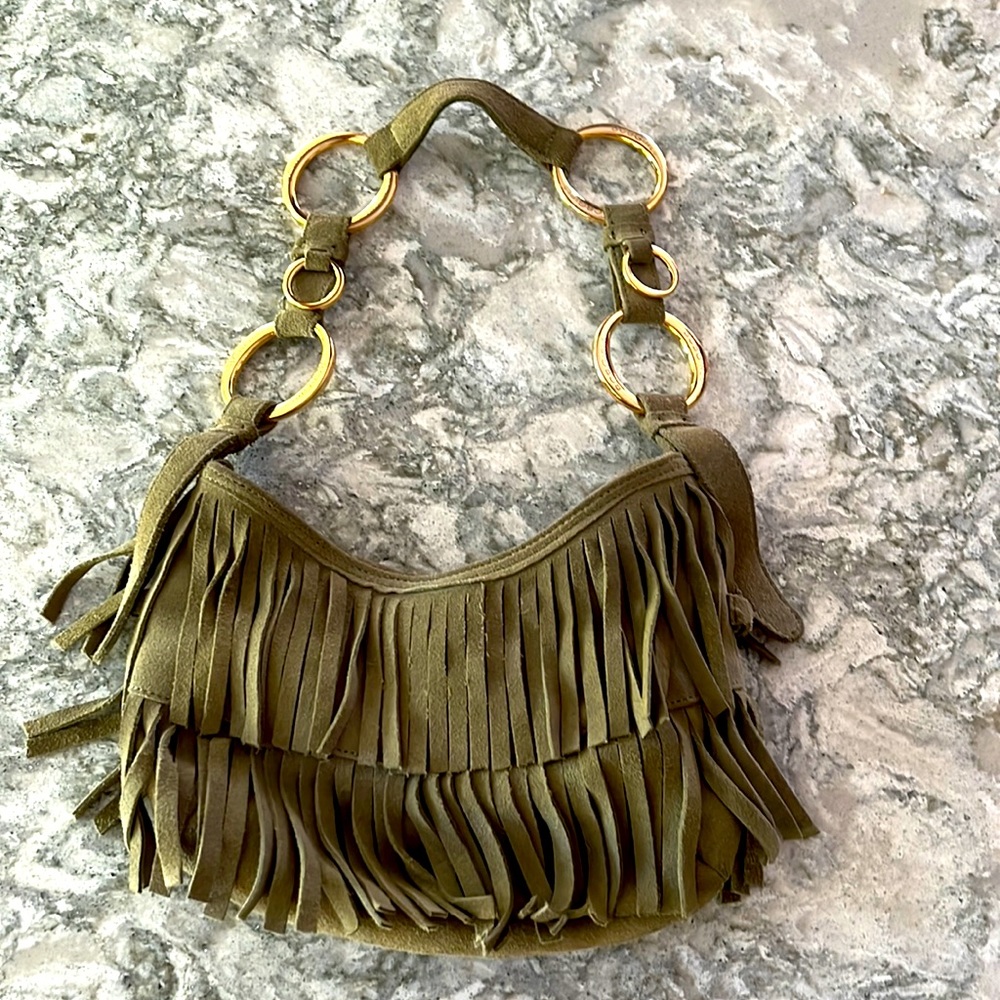 BCBGirls winter green suede fringed shoulder bag